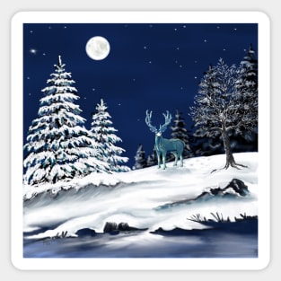 Deer In the Snowy Moonlight Sticker